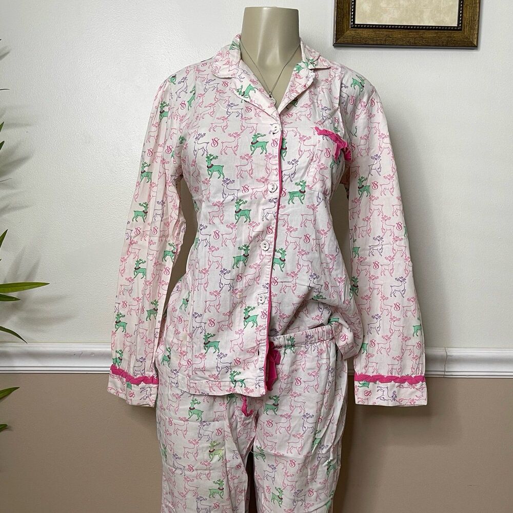 Victoria's Secret Y2K Vintage Christmas Reindeer Print Flannel PJ 2 PCS. Set